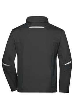 A black softshell jacket with reflective detailing, featuring a collared neck and long sleeves. It has a logo.