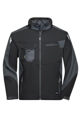 A black and grey softshell jacket featuring multiple pockets and a zip closure. It has a logo on one side.