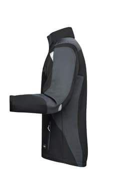 A black and grey softshell jacket featuring a zip, side pockets, and a logo on the chest.
