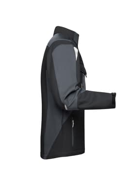 A softshell jacket in shades of dark grey and black, featuring a logo on the front and side.