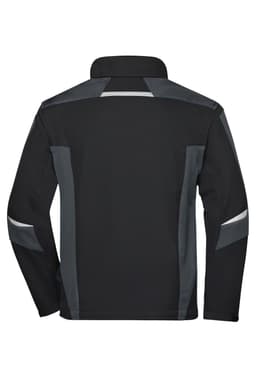 A black and grey softshell jacket with reflective detailing and a logo on the back.