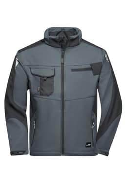A softshell jacket in grey with black accents, featuring multiple pockets and a zip-up front, plus a logo.