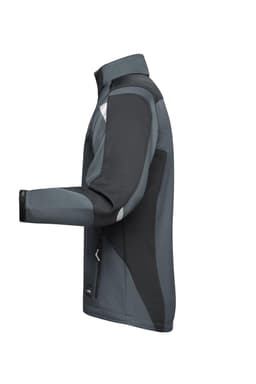 A grey and black softshell jacket with a side view, featuring a logo on the chest area.