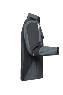A softshell workwear jacket in grey and black with a sleek design and a logo on the chest area.