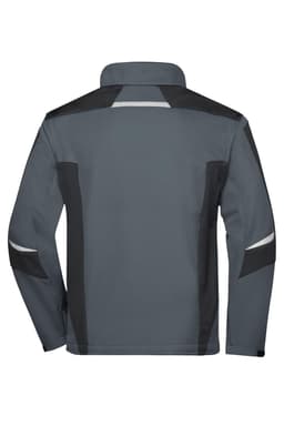 A grey softshell jacket with black accents and a high collar, featuring a logo on the back.