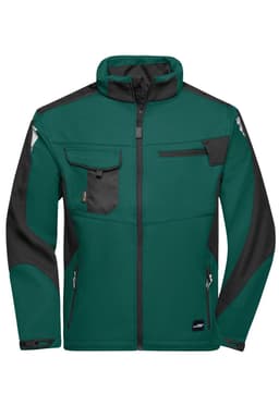 A green and black softshell jacket featuring multiple pockets and a logo. Ideal for workwear.