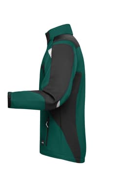 A softshell jacket featuring a combination of dark green and black panels, with a logo on it.