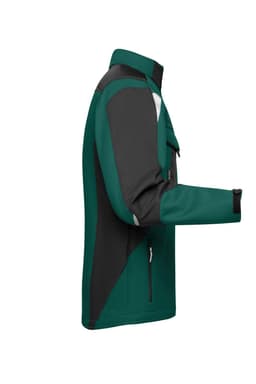 A softshell jacket in teal and black, featuring a zippered pocket and a logo on the upper left side.