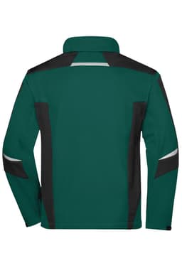 A softshell jacket featuring a teal body with black accents and reflective detailing on the shoulders and sleeves.