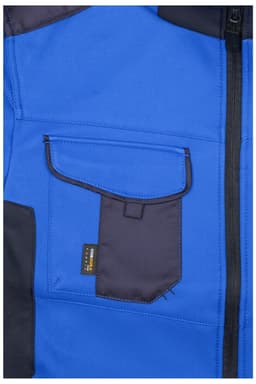 A blue workwear softshell jacket featuring a contrasting black pocket and a logo on the pocket.