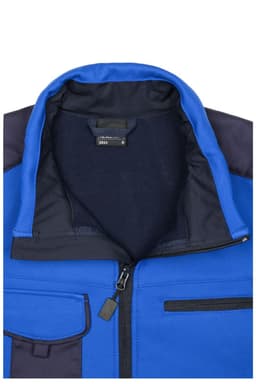 A blue softshell jacket featuring a high collar, zip closure, and multiple pockets, with a logo on the chest.