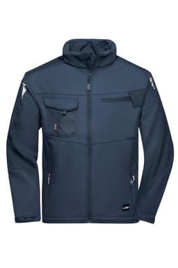 A navy blue softshell jacket with multiple pockets and a zip closure, featuring a logo on the front.