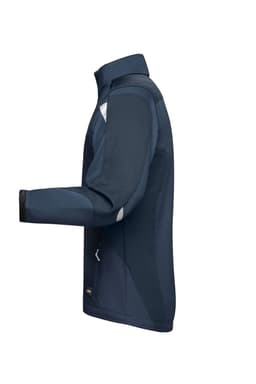 A navy softshell jacket with a zippered pocket and reflective details, featuring a logo on the chest.