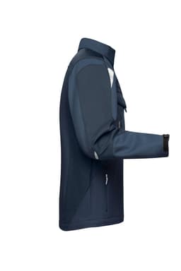 A navy workwear softshell jacket with contrasting light panels and a logo on the sleeve, shown from the side.