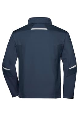 A navy softshell jacket with a structured collar and reflective detailing, featuring a logo.