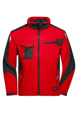 A red and black softshell work jacket featuring multiple pockets and a zip closure. It has a logo on it.