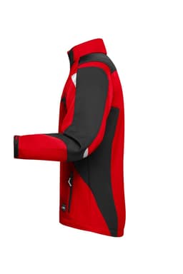 A red and black softshell jacket with a side view, featuring a logo and a zippered pocket.