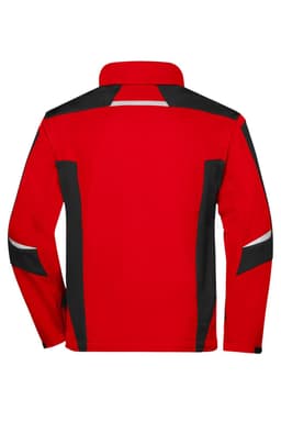 A red softshell jacket with black accents and reflective details, featuring a collar and long sleeves.