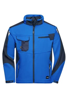 A blue workwear softshell jacket with navy accents and multiple pockets. It features a zip front and has a logo.