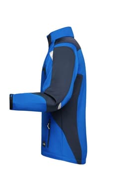A blue and navy softshell jacket with a zip front, featuring a logo and a high collar.