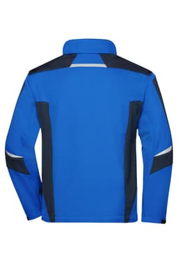 A blue softshell jacket featuring black detailing and a logo on the back. Suitable for workwear.