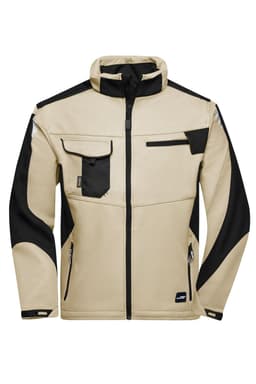 A beige and black softshell jacket featuring multiple pockets and a zip-up front, with a logo on the sleeve.
