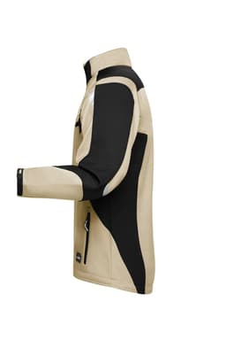 A softshell jacket featuring a tan and black design with a zipped pocket and a logo.