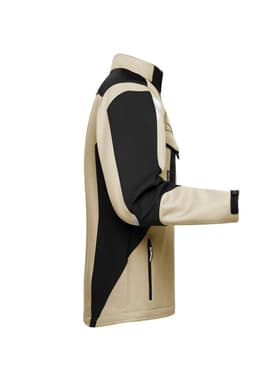 A softshell work jacket featuring a beige and black design, with a zippered pocket and a logo.