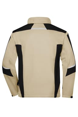 A softshell jacket in beige and black, featuring a collar and contrasting panels, with a logo on the back.
