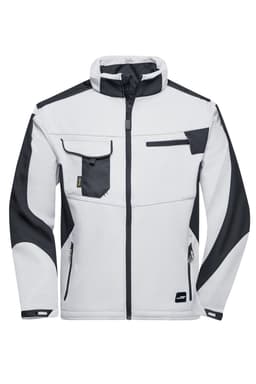 A softshell jacket in white and black shades, featuring multiple pockets and a logo.