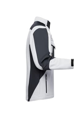 A softshell jacket in white and dark grey, featuring a side view design and a logo on the sleeve.