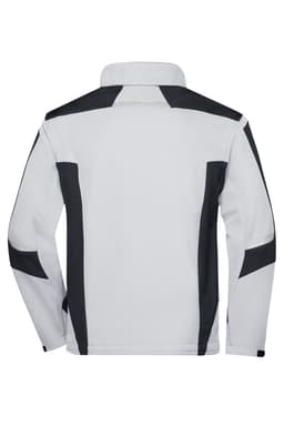 A softshell jacket featuring a grey body with black accents and a high collar. It has a logo on the back.