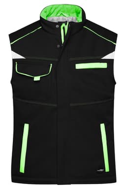 A black padded vest with reflective green accents and multiple pockets, featuring a zip and button front closure.