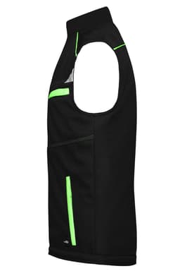 A black padded vest featuring reflective green accents and multiple zippered pockets. Includes a logo.