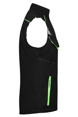 A black softshell padded vest with green detailing and zippered pockets, featuring a logo.