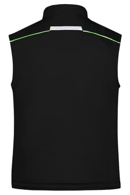 A black softshell padded vest with a collar and green detailing along the back. It features a logo.
