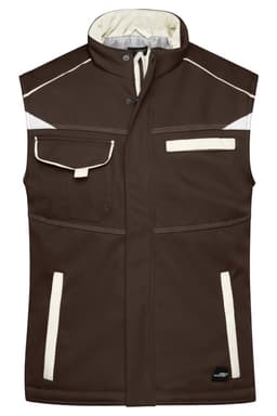 A brown softshell padded vest featuring multiple pockets and light-coloured accents, with a logo on the side.