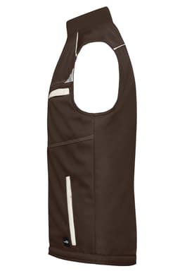 A brown padded vest featuring a zippered pocket, designed for workwear. It has a logo on the lower side.