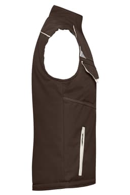 A brown softshell padded vest with an open arm design and zippered pockets, featuring a logo.
