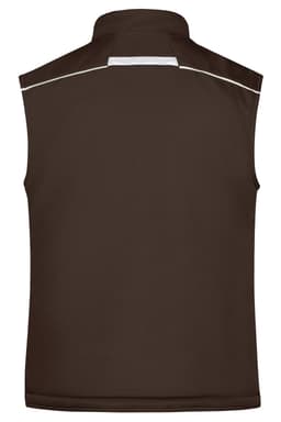 A brown padded vest with a high collar and a white accent detail at the back, featuring a logo.