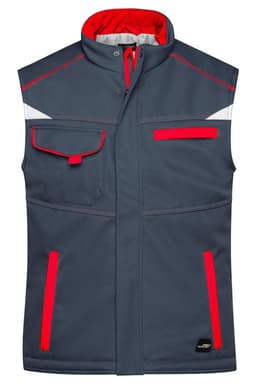 A grey softshell padded vest with red accents, featuring pockets and reflective detailing. It includes a logo.