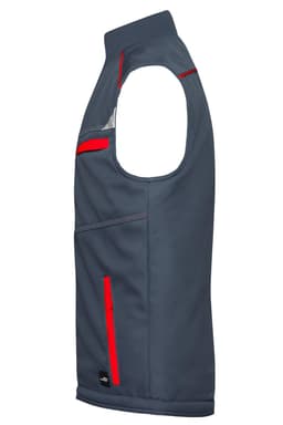 A grey softshell padded vest with red accents and multiple pockets, featuring a logo.