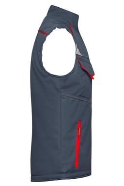 A grey softshell padded vest with red zip and detailing, featuring a pocket and a logo. Side view of the workwear item.