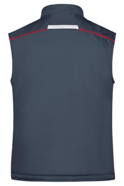 A navy softshell padded vest with a stand-up collar and red accent stitching, featuring a logo.