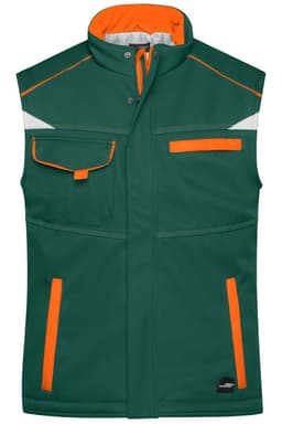 A green padded vest with orange accents, featuring multiple pockets and reflective detailing. It has a logo.
