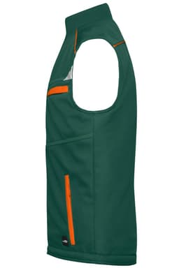A green softshell padded vest with orange detailing, featuring zippered pockets and a high neck design.
