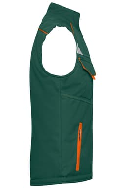 A green softshell padded vest with orange accents, featuring multiple pockets and a sleeveless design.