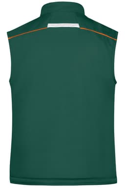A green softshell padded vest with a high collar and an accent line on the back, featuring a logo.
