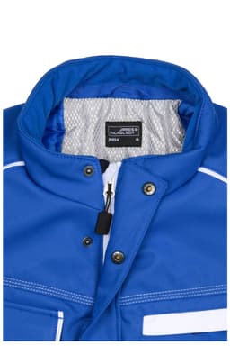 A blue padded vest with a collar, featuring a zip and snap buttons, along with white detailing and an interior mesh lining.