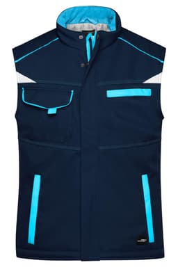 A padded softshell vest in navy blue with bright blue accents and multiple pockets. Features a logo on the front.